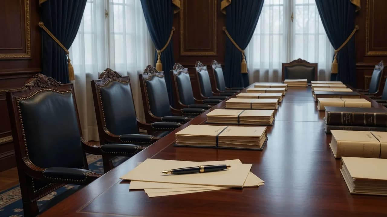 A formal council chamber with documents on a long table