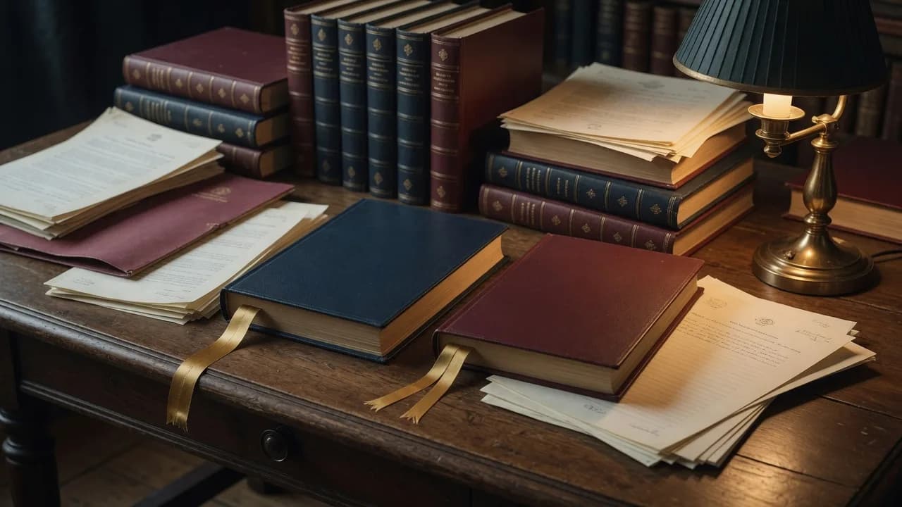Bound official volumes on a desk