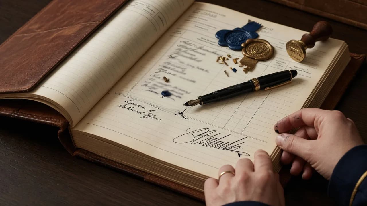 An open leather register with a fountain pen and wax seals