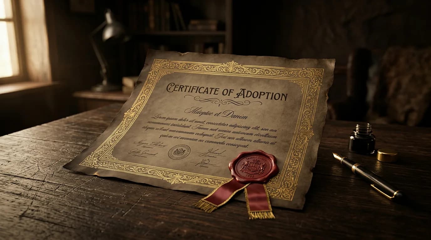 An official adoption certificate with a gold border and wax seal
