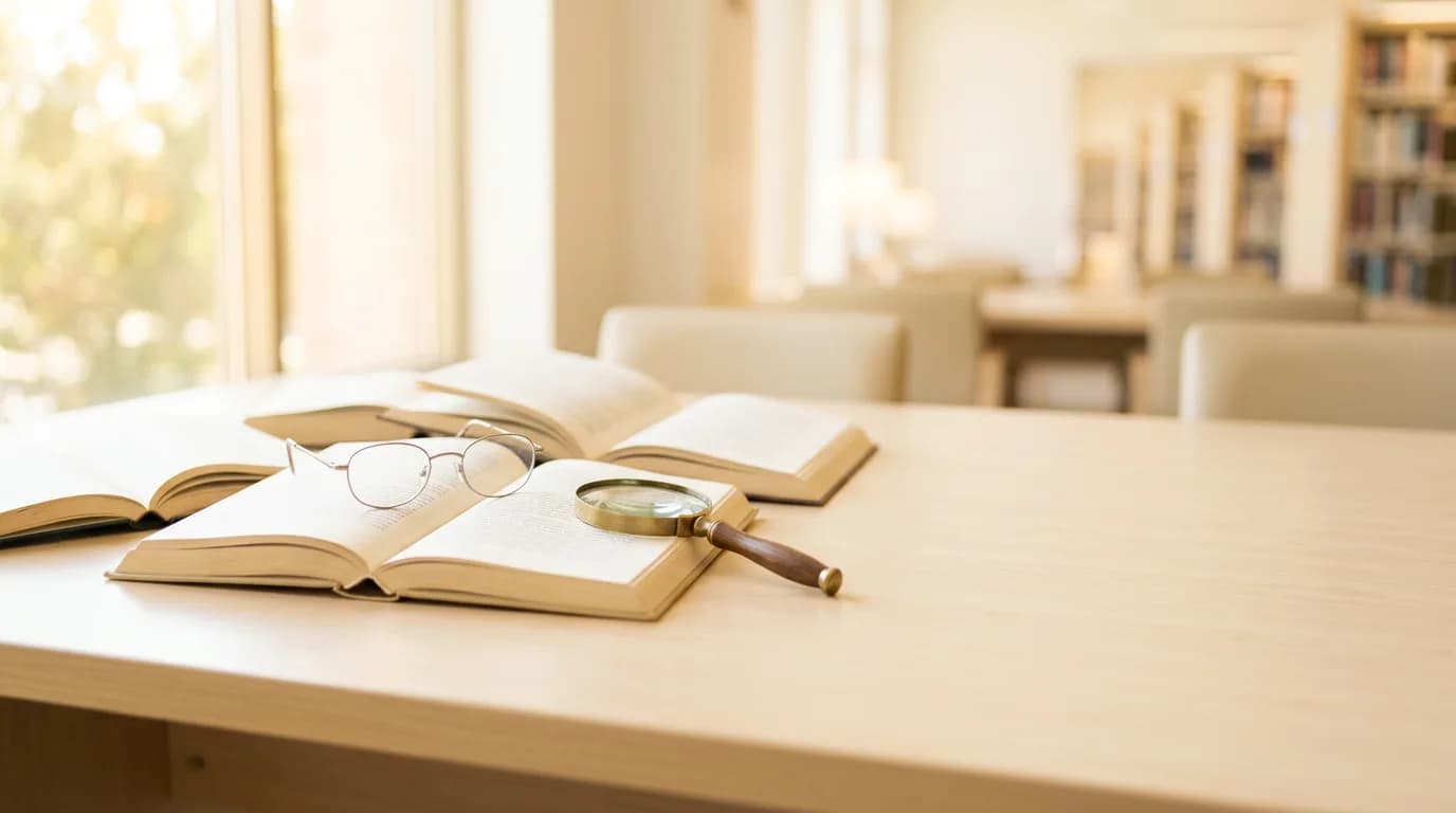 Open books and reading glasses on a sunlit library table