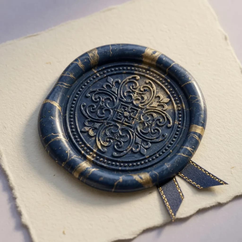 A navy and gold wax seal on cream paper