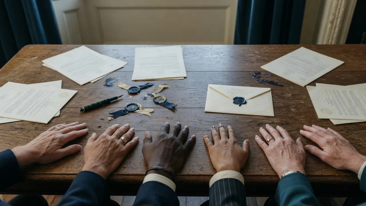 Hands of people gathered around a table of sealed Accords and a voluntary offering